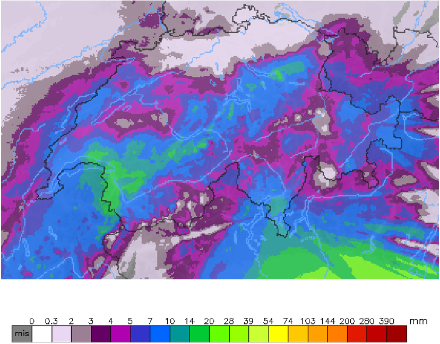 24-stündige Niederschlagsmengen gemäss Radar kombiniert mit den Messstationen von MeteoSchweiz zwischen gestern, dem 21. November 2022, 14:40 UTC und heute, dem 22. November 2022, 14:40 UTC.