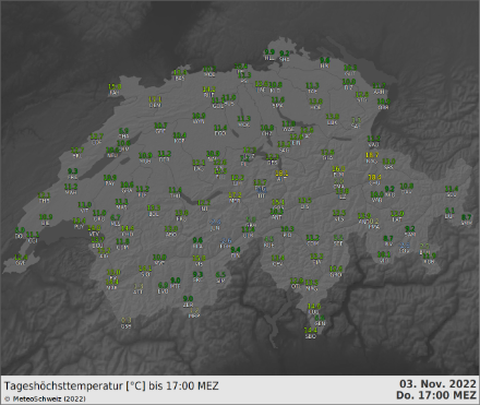 Höchstwerte am 3.11.2022. In den Föhntälern schwanken die Höchstwerte zwischen 15 und 19 Grad.