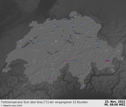 Ein Blick auf die Tiefsttemperaturen auf 5cm verrät, dass alle Stationen bis auf Locarno Monti und Lugano Bodenfrost verzeichneten. Die Station Lugano profitierte vom warmen Luganersee (rund 12 °C) wobei sich Locarno Monti über dem geringmächtigen Kaltluftsee befand (Magadino mit -2.2°C darunter).