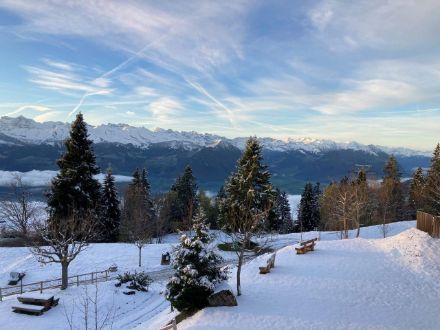 Blick von der schneebedeckten Rigi Richtung Süden.