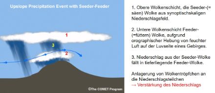 Schematische Darstellung des Seeder-Feeder-Effekts: die obere Wolkenschicht «füttert» eine darunterliegende Wolkenschicht mit Niederschlag.