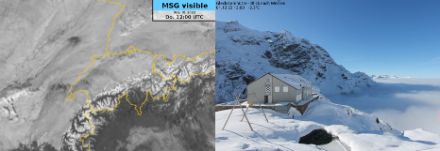 Links: Satellitenbild des MeteoSat (sichtbarer Kanal) von 12 UTC zeigt die Verteilung des Hochnebels und einzelner mittelhohen Wolken darüber. Rechts: der Blick von der Glecksteinhütte (2317 m ü.M.) Richtung Westen über die Hochnebeldecke um dieselbe Zeit.