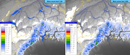 Grafik des Alpenraumes zeigt eingefärbt die berechneten gefallenen Neuschneemengen innerhalb der vergangenen 12 bzw. 24 Stunden bis 15 UTC.