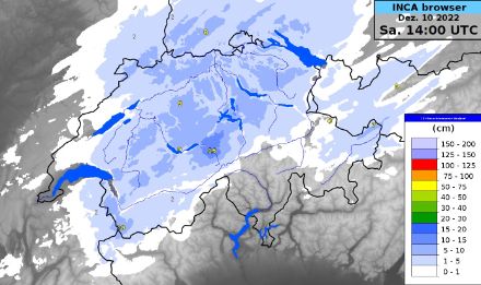 Analyse der Neuschneemengen: Berechnete 12h Summe am 10.12.2022 bis 14 UTC.
