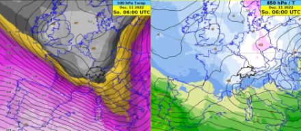 Situation der Luftmassentemperatur auf 500 hPa (links) und auf 850 hPa (rechts) am 11.12.2022 um 6 UTC des Modells IFS (schwarze Linien zeigen das Geopotential).