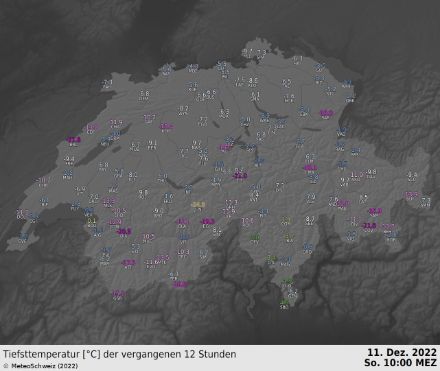 Tiefsttemperaturen auf 2 Meter über Boden der vergangenen 12 Stunden bis 10 UTC.