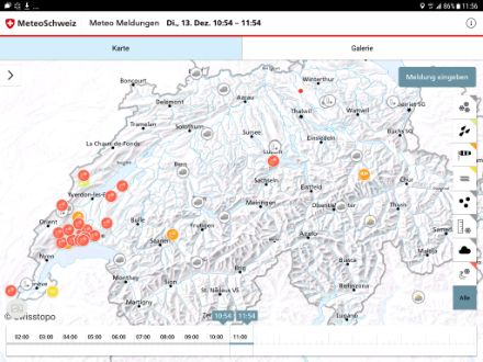 Screenshot mit den Meteomeldungen aus der MeteoSchweiz-App kurz vor Mittag. Insbesondere aus der Genferseeregion gab es viele Meldungen «gefrierender Regen». Ganz herzlichen Dank an alle Meteomelderinnen und -melder! Die Angaben sind für unsere tägliche Arbeit äusserst wertvoll.