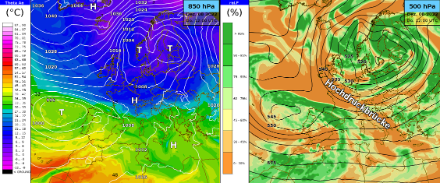 Wettersituation am Donnerstag, 8. Dezember 2022. Links: Äquivalentpotentielle Temperatur auf 850 hPa und Luftdruck auf Meereshöhe. Rechts: Geopotentielle Höhe und relative Luftfeuchtigkeit auf 500 hPa.