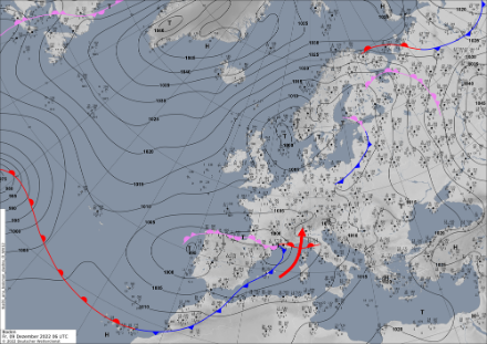 Wetterlage und Bodenanalyse vom Freitagmorgen, 09.12.2022 um 07 Uhr. Quelle: Deutscher Wetterdienst (DWD)
