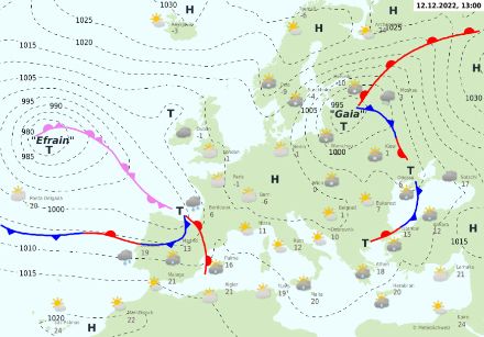 Wetterlage am Montag, 12.12.2022 um 13 Uhr. Diese Karte gibt es auch im MeteoSchweiz Wetterbericht unter «Allgemeine Lage».