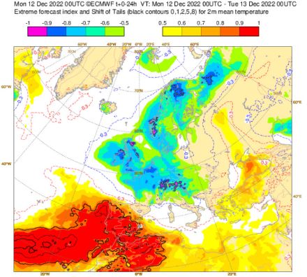 Der Extreme Forecast Index (EFI) des ECMWF zeigt in den blau eingefärbten Gebieten eine für die Jahreszeit aussergewöhnlich tiefe Tagesmitteltemperatur für den 12.12.2022. Die aktuelle Kälteperiode betrifft weite Teile West- und Mitteleuropas sowie den Alpenraum. Das Tief «Efrain» hat über Südwesteuropa ein massives Warmluftreservoir (rot eingefärbt) im Schlepptau. Es macht sich bis zur Wochenmitte abgeschwächt auch auf den Weg zur Schweiz.