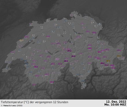 Tiefsttemperatur der vergangenen 12 Stunden an den SwissMetNet (SMN)-Stationen am Montagmorgen, 12.12.2022.