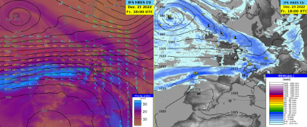 Situation am Freitagabend um 18 UTC. Links: Niederschlagbares Wasser überlagert mit Geopotential auf 500 hPa und Wind auf 300 hPa (Jetstream). Rechts: Luftdruck auf Meereshöhe und 3-stündige Niederschlagssummen.