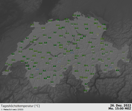 Karte mit den Höchsttemperaturen vom 26. Dezember 2022 bis 15 Uhr.