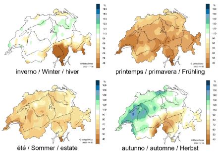 Niederschlagskarten der Schweiz der vier Jahreszeiten Winter, Frühling, Sommer und Herbst.