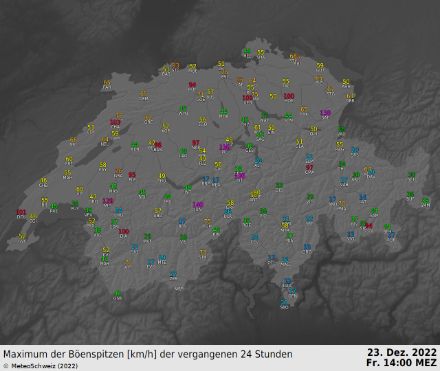 Böenspitzen vergangene 24 Stunden bis 14 Uhr. 