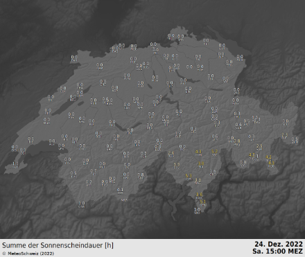 Sonnenscheindauer in Stunden bis 15 Uhr. Im Tessin, Engadin und den Bündner Südtälern wurden verbreitet 2 bis 6 h Sonnenschein gemessen. 