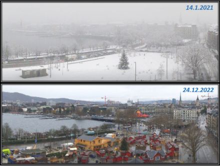 (Verbreitete) Wunschvorstellung für Weihnachten vs. Realität. Webcam Vergleich Zürich 14.1.2021 und 24.12.2022. 