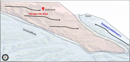 Schematische Darstellung Windsituation von heute Mittag.