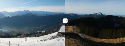 Die gestrige Warmfront hat in den mittleren Lagen ihre Spuren hinterlassen: Bildvergleich heute Morgen (31. Dez.) mit gestern Morgen (30. Dez.) auf dem Wildspitz (1580 m).