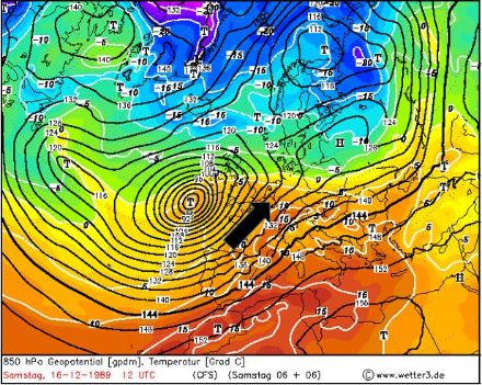 Geopotential und Temperatur auf 850 hPa am 16. Dezember 1989 um 12 UTC. Auf der Vorderseite eines Sturmtiefs westlich der Britischen Inseln floss mit starken Südwestwinden (schwarzer Pfeil) extrem milde Luft zur Alpennordseite. Auf 1300 Metern wurden in der freien Atmosphäre 16 Grad gemessen.