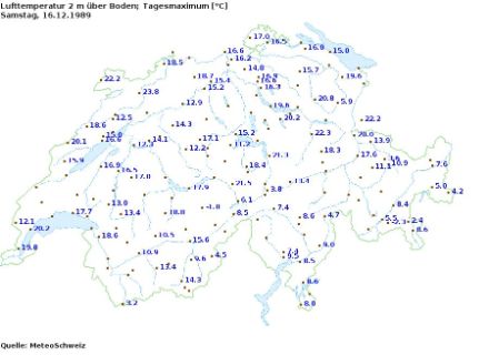 Tageshöchsttemperatur am 16. Dezember 1989. Besonders am Alpennordhang (durch Föhn) und im Jura und am Juranordfuss (durch Südwestwind) wurden damals für den Monat Dezember ausserordentlich hohe Temperaturen aufgezeichnet.
