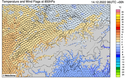 Temperatur sowie Windrichtung und -stärke auf 850 hPa (ca. 1500 M. ü. M.) gemäss COSMO-1 gestern, den 14. Dezember 2022, um 06 UTC. Die Temperaturen lagen nördlich der Alpen deutlich über 0 Grad.