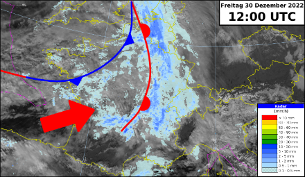 Satellitenbild (sichtbarer Kanal), Radarkomposit (farbig) und Fronten heute Freitag, 30. Dezember 2022 umd 12 UTC