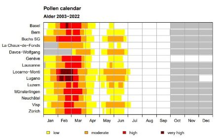 Allgemeine Verteilung der Erlen-Pollenbelastung über das Jahr an den verschiedenen Messstationen. 