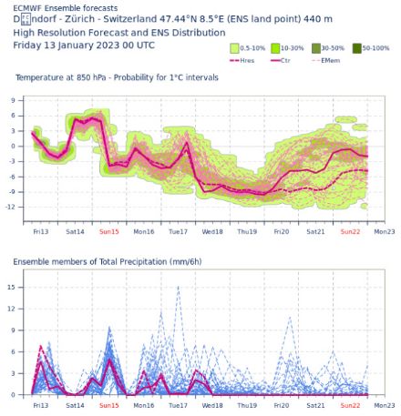 Ensemble Members der ECMWF-Prognose am Standort Dübendorf. Oben: Temperatur auf 850 hPa (etwa 1500 m ü.M.). Unten: 6-stündiger Niederschlag. 