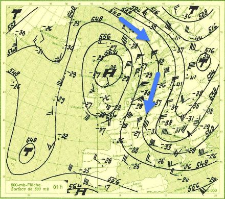 Wetterkarte vom 22. Januar 1963 mit eingezeichneter Kaltluftströmung.