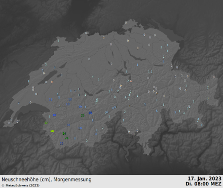 Karte mit den Neuschneemessungen von heute Morgen.