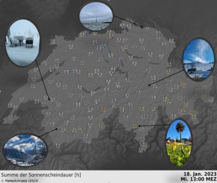 Sonnenscheindauer in Stunden bis 13 Uhr kombiniert mit einigen Bildern aus der MeteoSchweiz-App. 