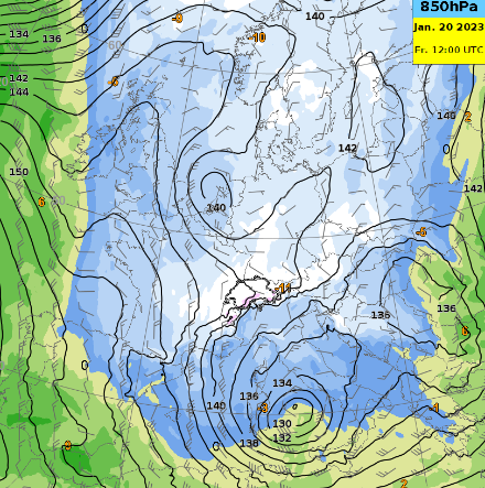 Die Karte zeigt den Vorstoss der Polarluft auf einer Höhe von 850hPa (entspricht rund 1400 m) Richtung Süden. In Blau Temperaturen unter Null Grad. Diese kalte Luftmasse gelangte bis zum westlichen Mittelmeer. 