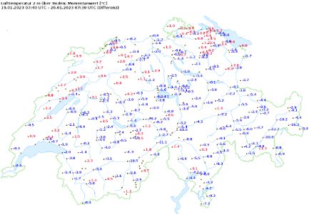 Temperaturdifferenz zwischen heute Morgen und gestern Morgen um 8.30 Uhr Lokalzeit. 