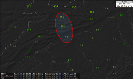 Temperatur heute Morgen um 06:50 UTC. Hervorgehoben ist der starke Kontrast zwischen den hohen Temperaturen im Jura und den kalten Temperaturen in Grenchen (0.6 °C).