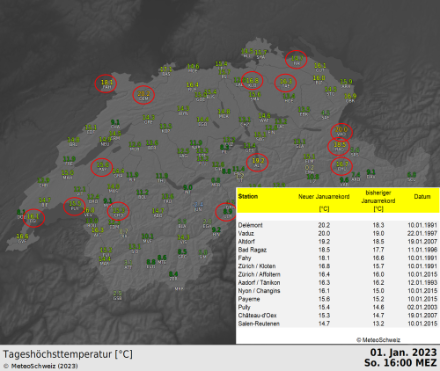 Stationsliste und Karte von Stationenen mit heutigen Januarhöchsttemperaturrekorden (bis Redaktionsschluss).