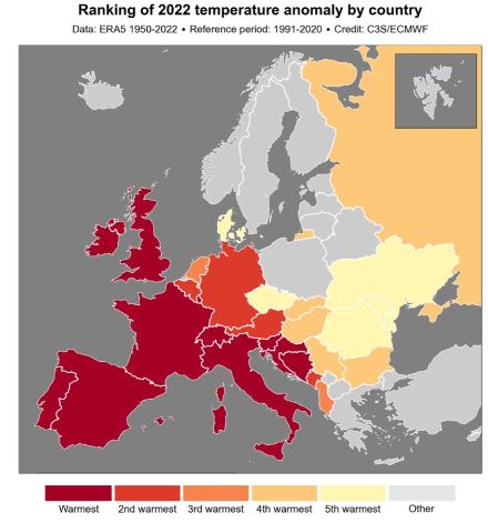 karte zur Rangierung der Jahreswärme 2022 in den europäischen Ländern.