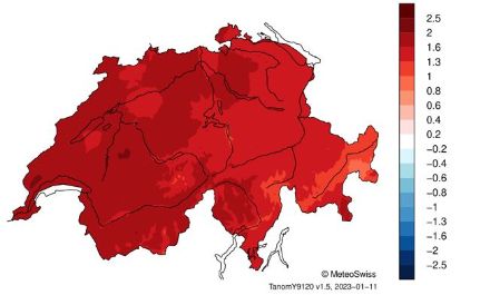 Schweizerkarte zur Jahrestemperatur 2022.