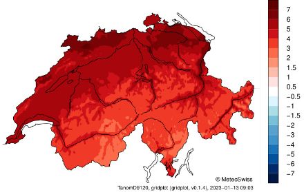 Temperaturabweichung in °C für den Zeitraum 01.01. bis 12.01.2023. Quelle: MeteoSchweiz