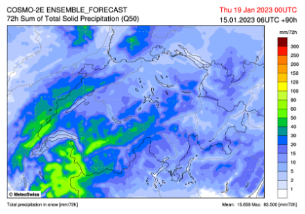 Vom Cosmo-2E-Modell vorhergesagte Neuschneemenge zwischen Montag und Mittwoch. Die Niederschlagswerte in mm entsprechen in guter Näherung der Neuschneemenge in cm. Lesebeispiel: 10 mm Niederschlag entsprechen rund 10 cm Schnee.