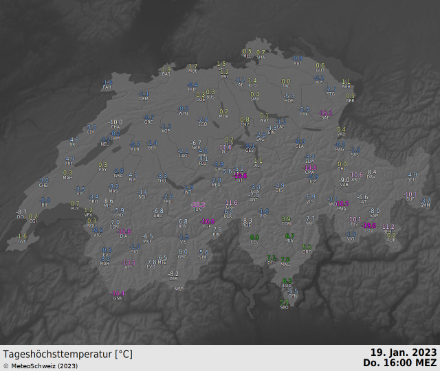 Höchsttemperaturen am 19.1.2023 bis 16 Uhr. Regional reichte es bereits heute für einen Eistag, vor allem dort, wo die Minimaltemperatur sehr tief war.