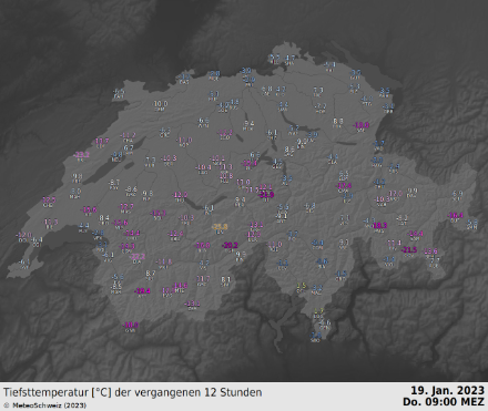 Tiefsttemperaturen der Nacht vom 18. auf den 19.1.2023