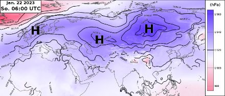 Druckverteilung in Eurasien am Sonntag, 22. Januar 2023 um 06 UTC. In Farbe die flächendeckende Analyse des Europäischen Zentrums für Mittelfristige Wettervorhersage, ECMWF. Messwerte überlagert als schwarze Isolinien. 