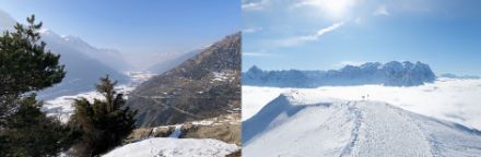 Während im Walliser Haupttal (links) sich der Hochnebel zu etwas Dunst umwandelte, blieb die Hochnebelschicht über dem Haslital (rechts) hartnäckig.