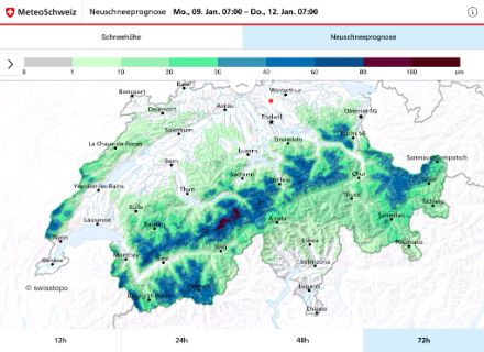 Neuschneeprognose für die kommenden 72 Stunden bis am Donnerstag, 12. Januar 2023 um 7 Uhr.