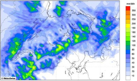 Von Montag bis Donnerstag werden besonders am Alpennordhang und im Unterwallis ergiebige Niederschläge erwartet, wie das Modell COSMO-2E zeigt. Damit kann oberhalb von 1600 Metern, wo der Grossteil der Niederschläge als Schnee fallen wird, mit einem bedeutenden Neuschneezuwachs gerechnet werden.