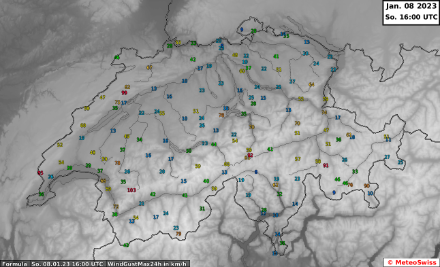 Böenspitzen [km/h] zwischen gestern, den 7. Januar 2023, 16 UTC und heute, den 8. Januar 2023, 16 UTC. Im Jura und in den Föhngebieten wurden Windspitzen über 70 km/h aufgezeichnet.