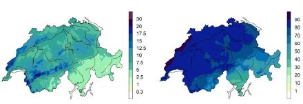 Niederschlagsmengen in mm (links) und Niederschlagshäufigkeit in % (rechts) aller Tage mit zyklonalen Westlagen in den Wintermonaten Dezember, Januar und Februar in den Jahren 1961-2010.