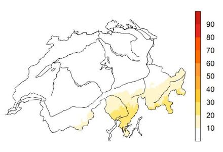 Zentralwert der relativen Sonnenscheindauer [%] aller Tage mit zyklonalen Westlagen in den Wintermonaten Dezember, Januar und Februar in den Jahren 1981-2010.  Mit etwas Sonnenschein ist einzig in Teilen des Wallis und Mittelbündes sowie im Engadin und auf der Alpensüdseite zu rechnen. Die Alpennordseite bleibt im Wesentlichen sonnenlos.